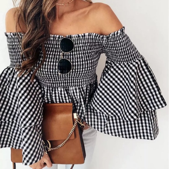 Charlie💋s Tops - OFF THE SHOULDER RUFFLE SLEEVES BLACK & WHITE TOP